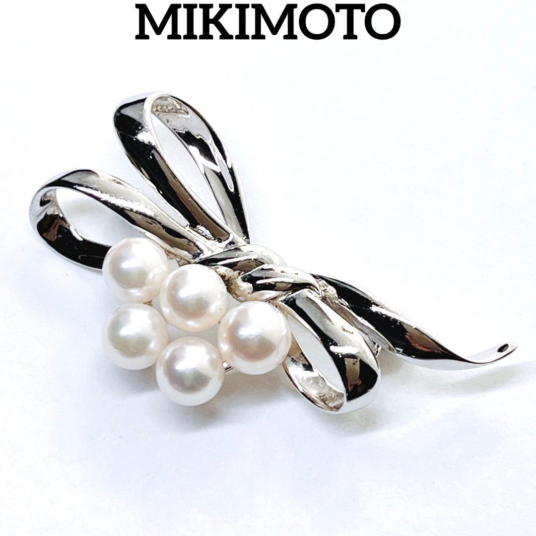 美品✨ミキモト パール　ブローチ　コサージュ　リボン　シルバー