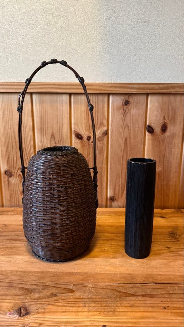 美品　籠　唐物　手付松葉籠　島田竹宝斎作　生花籠　箱付き　茶道具