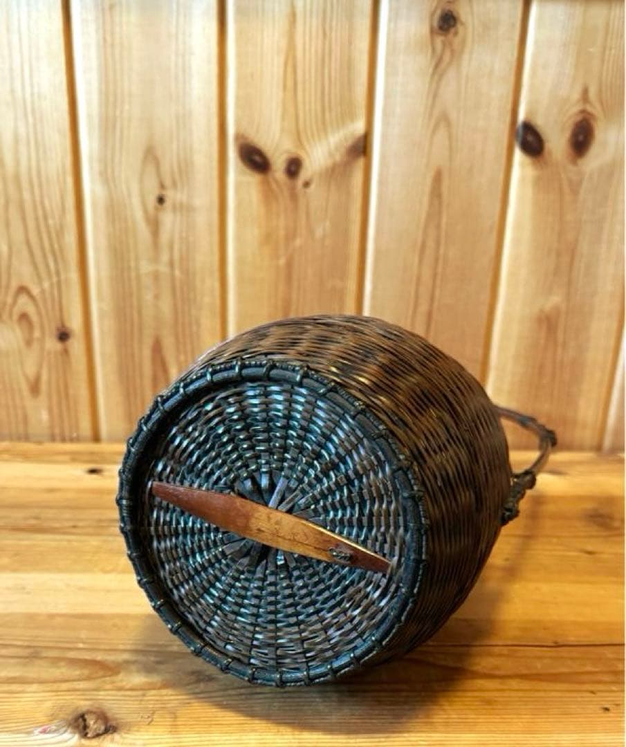 美品　籠　唐物　手付松葉籠　島田竹宝斎作　生花籠　箱付き　茶道具