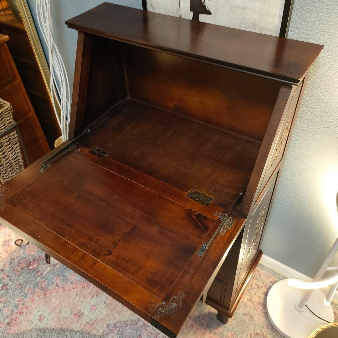 花彫刻 ライティングビューロー デスク アンティーク調アジアン家具