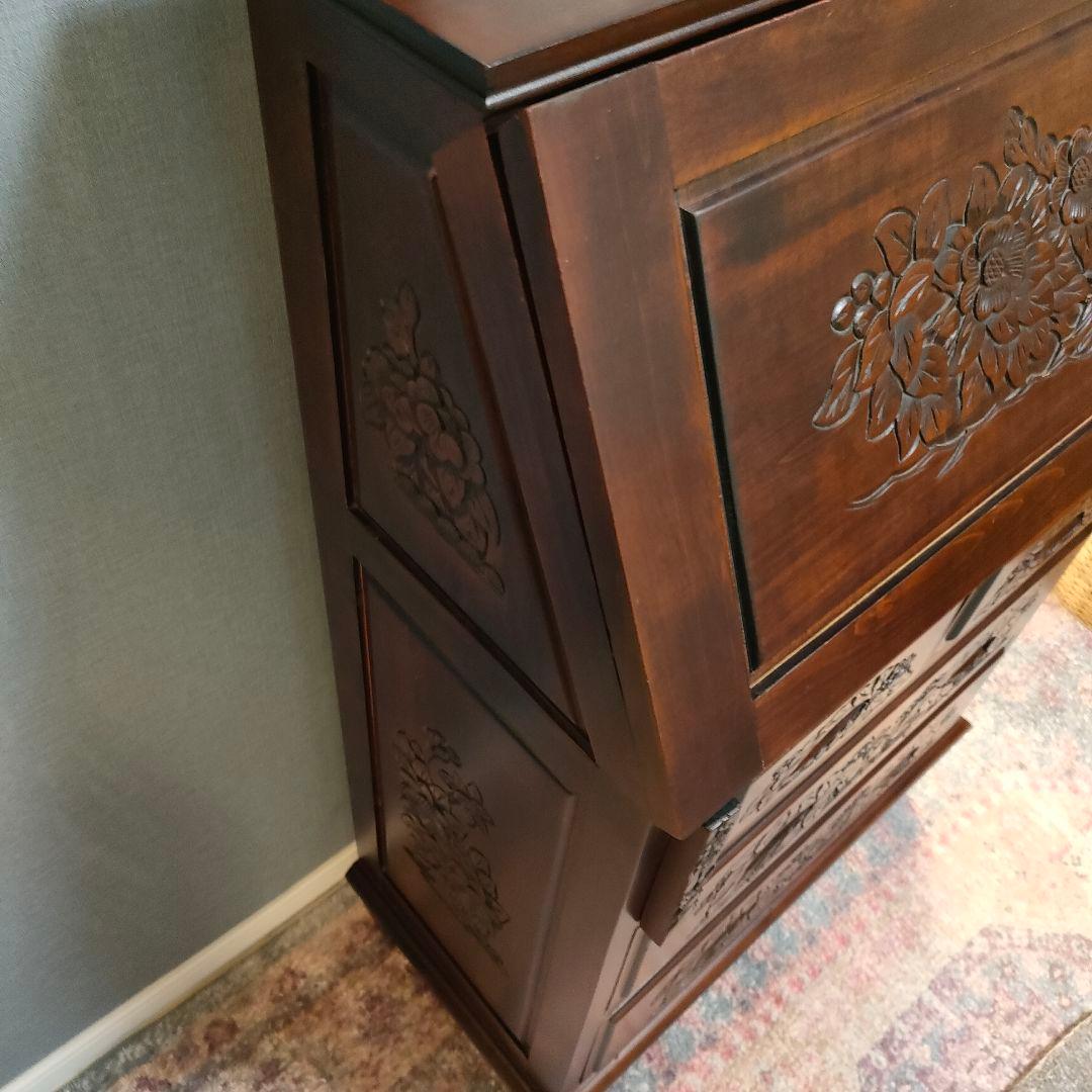 花彫刻 ライティングビューロー デスク アンティーク調アジアン家具