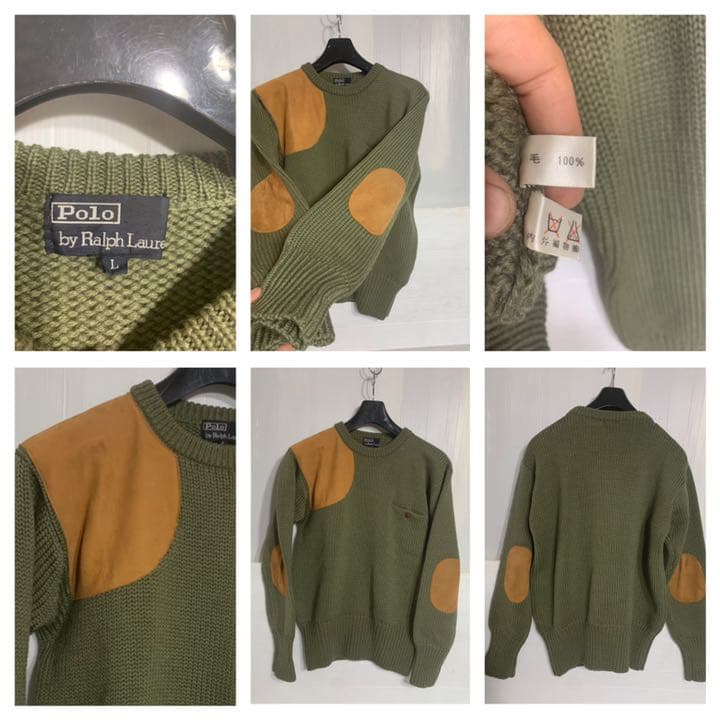 90'sヴィンテージラルフローレン国内正規革ガン&エルボーパッチニットセーターL