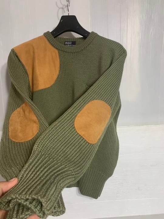 90'sヴィンテージラルフローレン国内正規革ガン&エルボーパッチニットセーターL