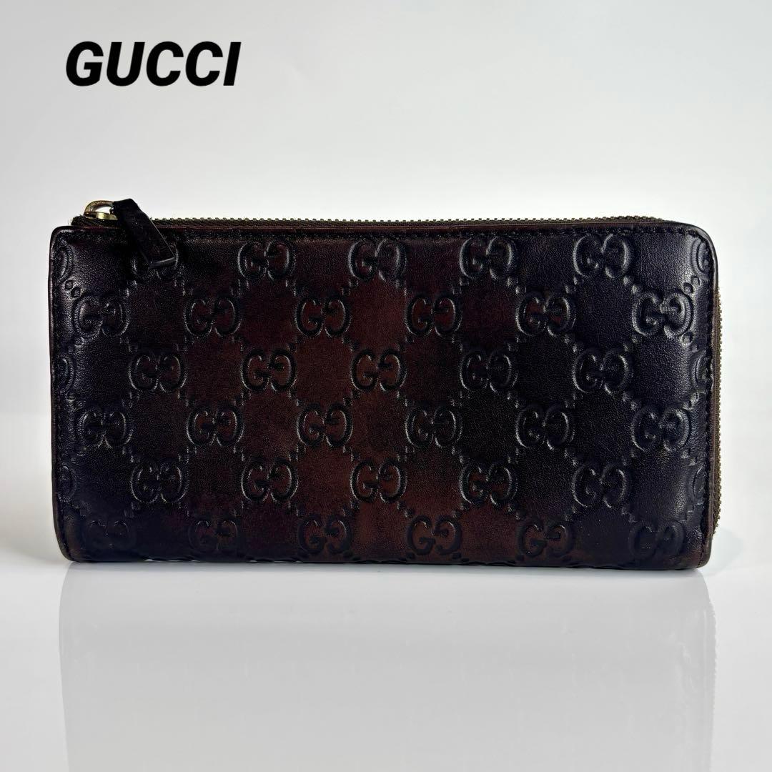 美品 GUCCI グッチ 長財布 L字 グッチシマ レザー ダークブラウン GG