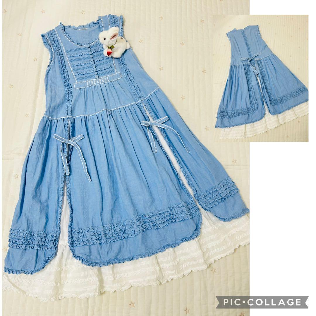 ピンクハウス　ダンガリー　ダブリエ　ワンピース　ロゴ刺繍　ピコフリル　二枚仕立て