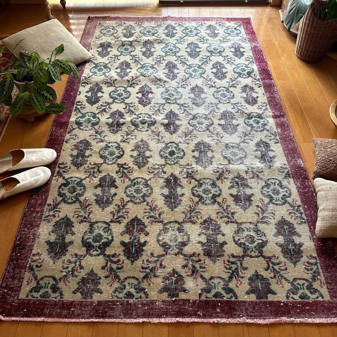 113×198レアえんじ色×グリーン 紋章ボタニカル　トルコヴィンテージラグ