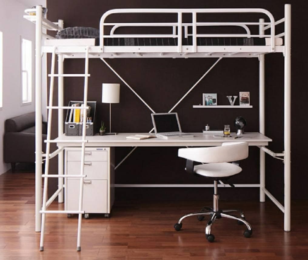 稼働デスク付き ロフトベッド ３段稼働＆コンセント宮棚付き ホワイト