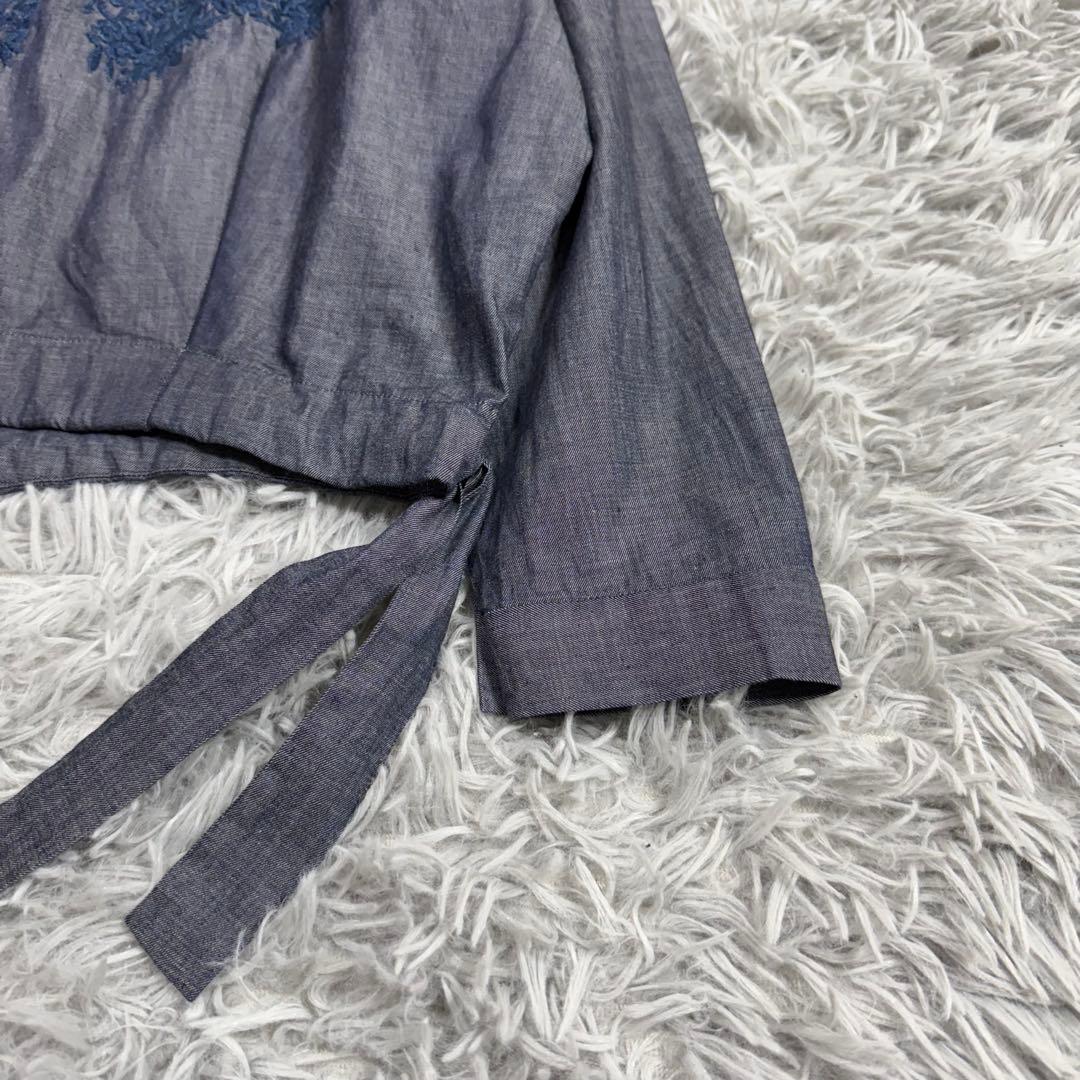 美品✨45R コットンフラワー刺繍リボンブラウス インディゴ ゆったり ドルマン