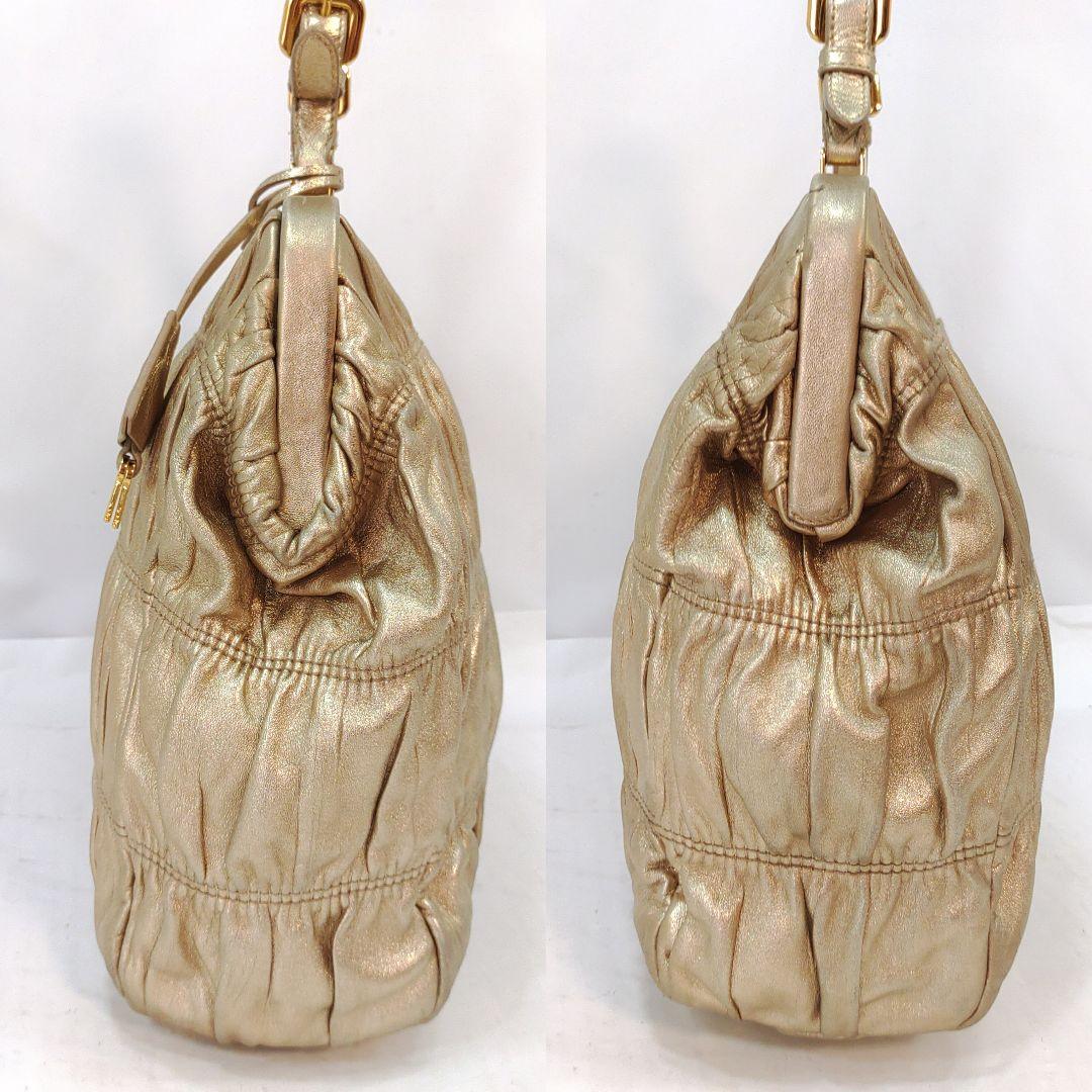 【美品】プラダ ハンドバッグ がま口 ギャザー レザー ギャラ付 ゴールド