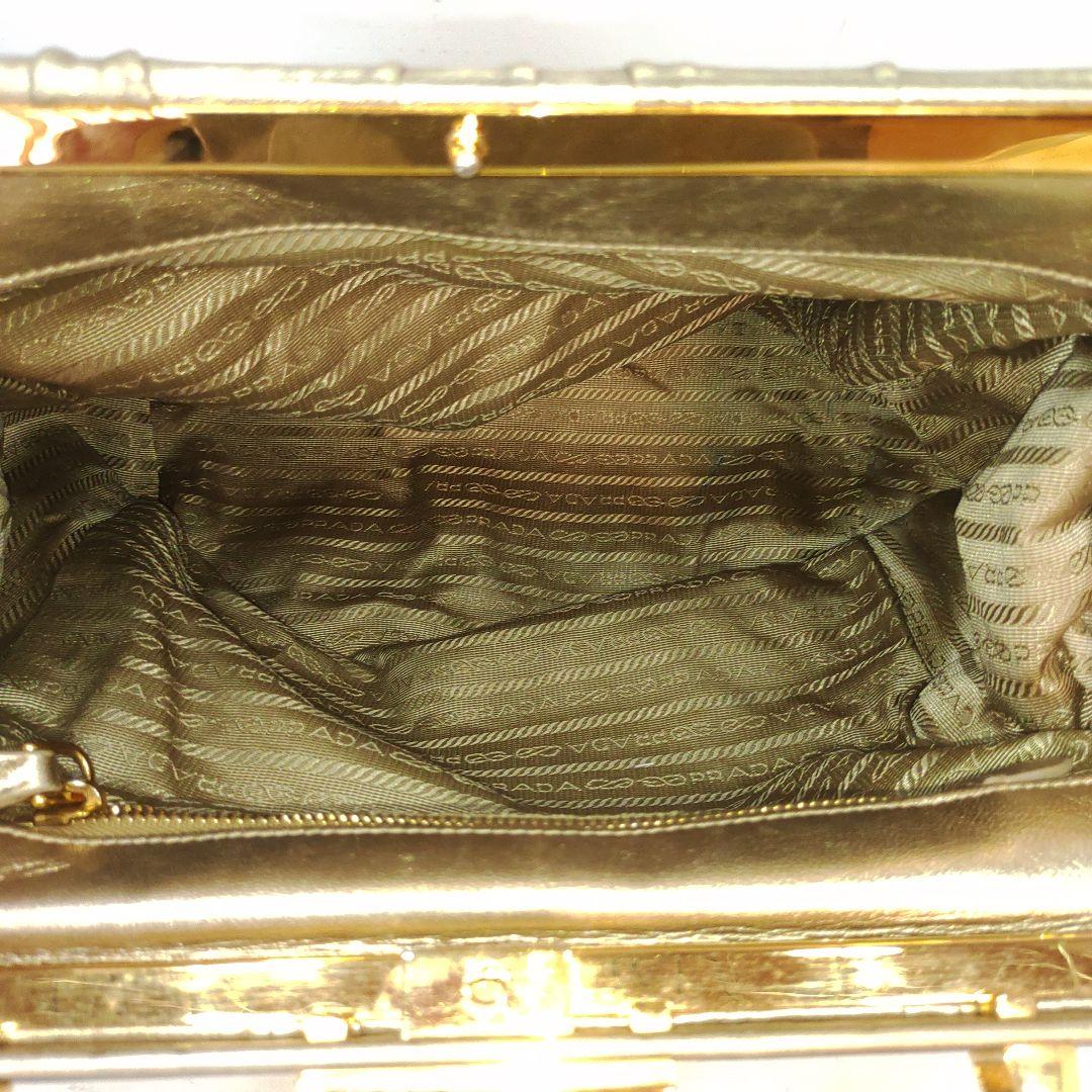 【美品】プラダ ハンドバッグ がま口 ギャザー レザー ギャラ付 ゴールド