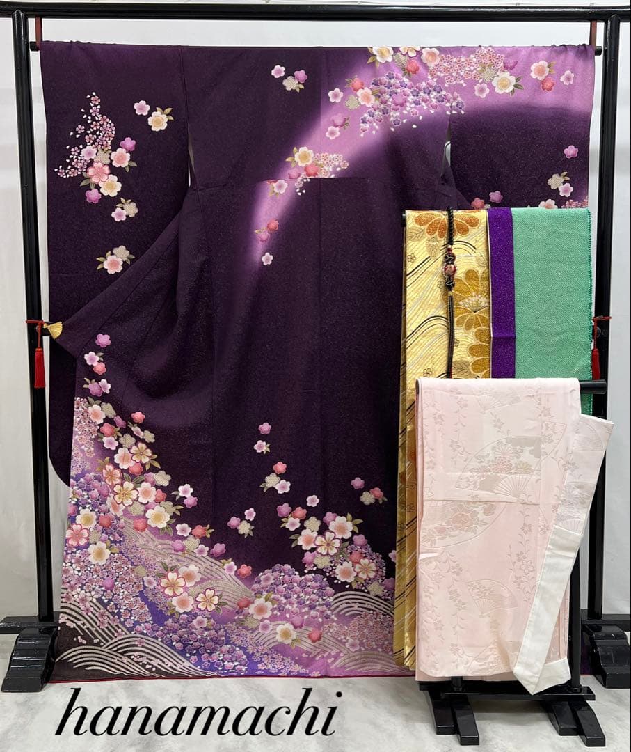 振り袖　フルセット　別誂長襦袢付　金彩加工　刺繍　銀通し　全通袋帯　紫　732