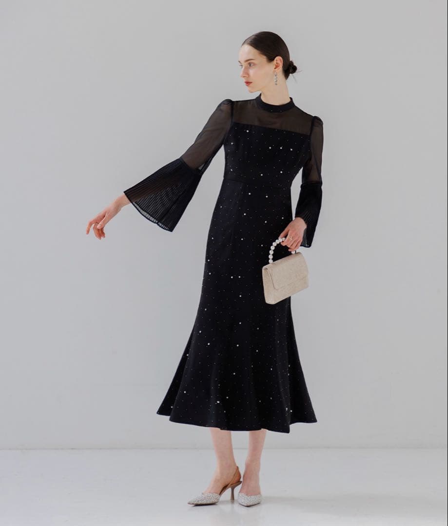 【soyu】LEJAパールビジュープリーツフレアスリーブマーメイドワンピー