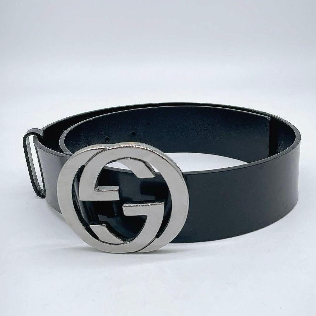 美品 GUCCI インターロッキング ベルト シルバー ブラックm469
