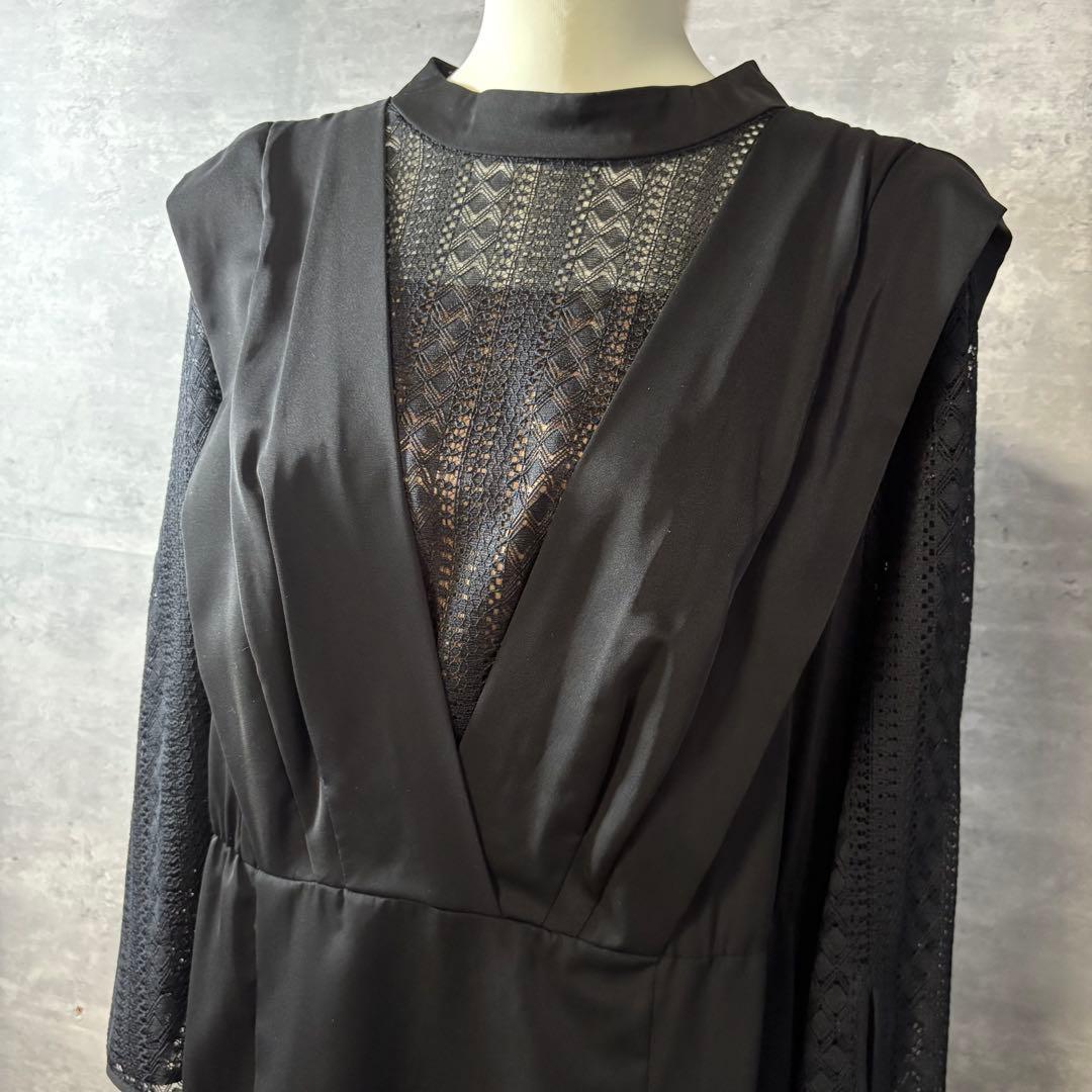 カラルス　バックリボンデザイン袖スリットレースワンピースドレス　大きいサイズ