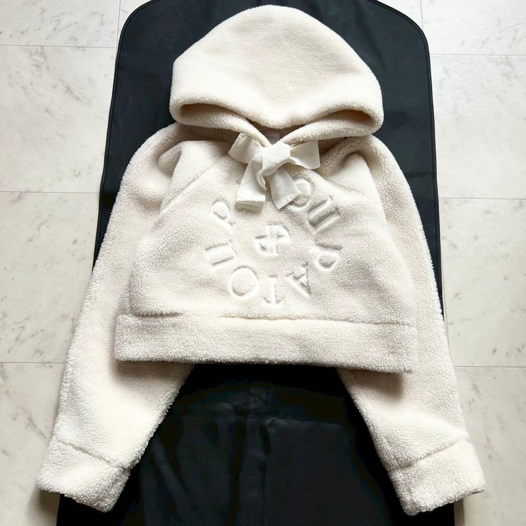 PATOU ボア ロゴ刺繍 クロップドパーカー グログランリボン S