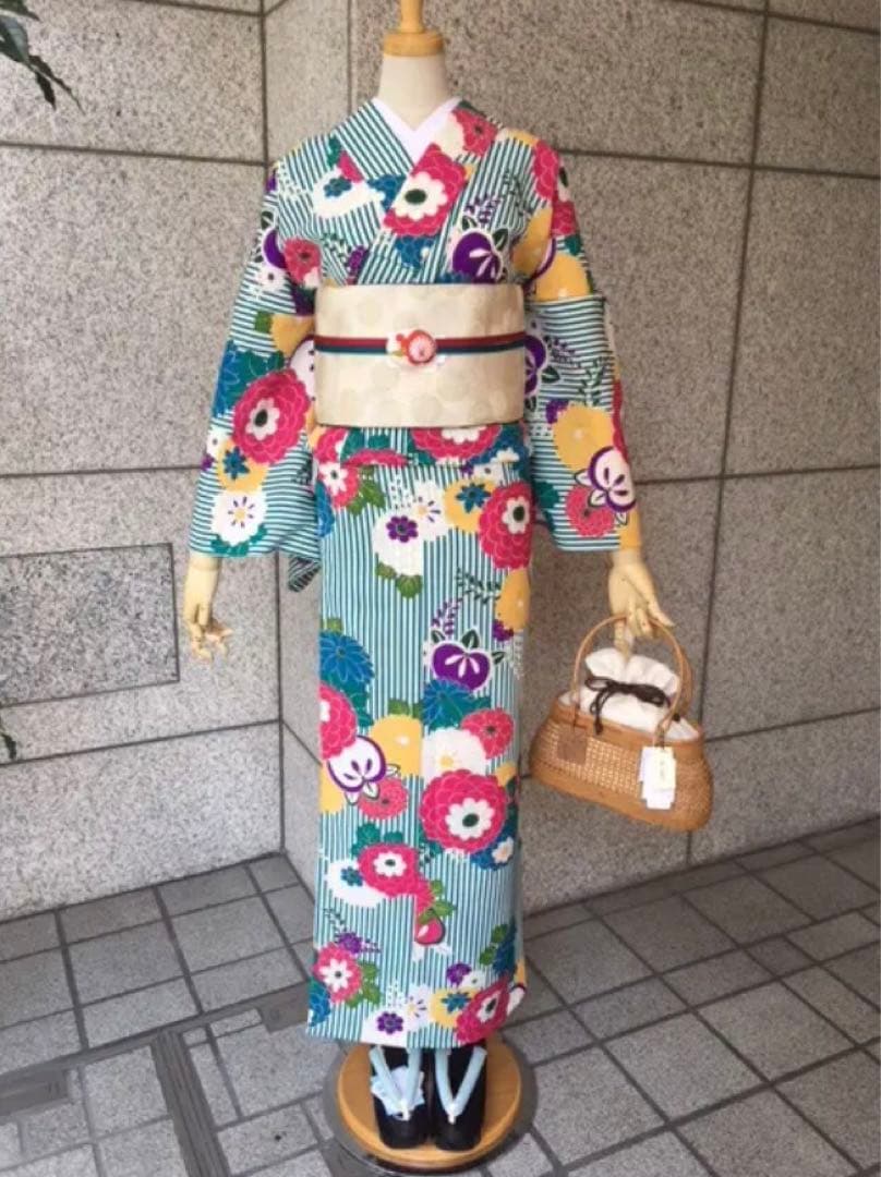 【ふりふ】浴衣　縞に万寿菊　ターコイズブルー