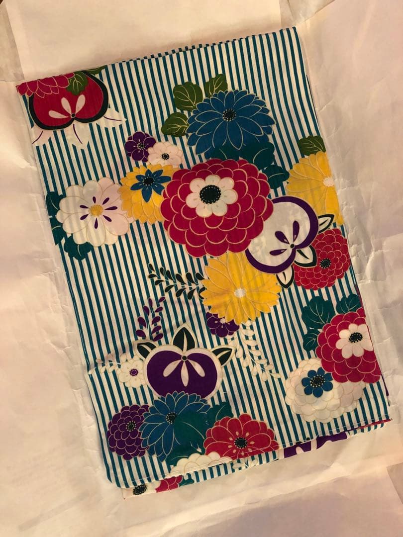 【ふりふ】浴衣　縞に万寿菊　ターコイズブルー