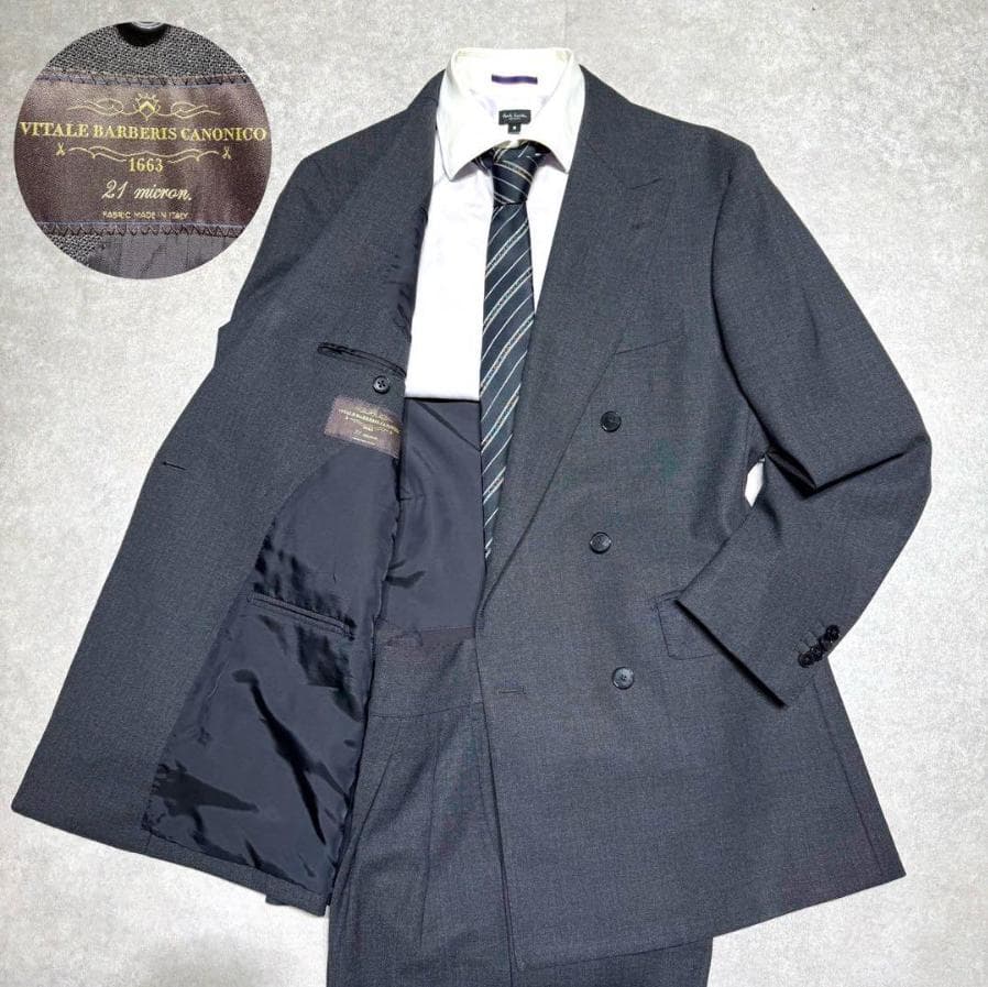 ユニバーサルランゲージ ×カノニコ グレー ダブルブレスト スーツ