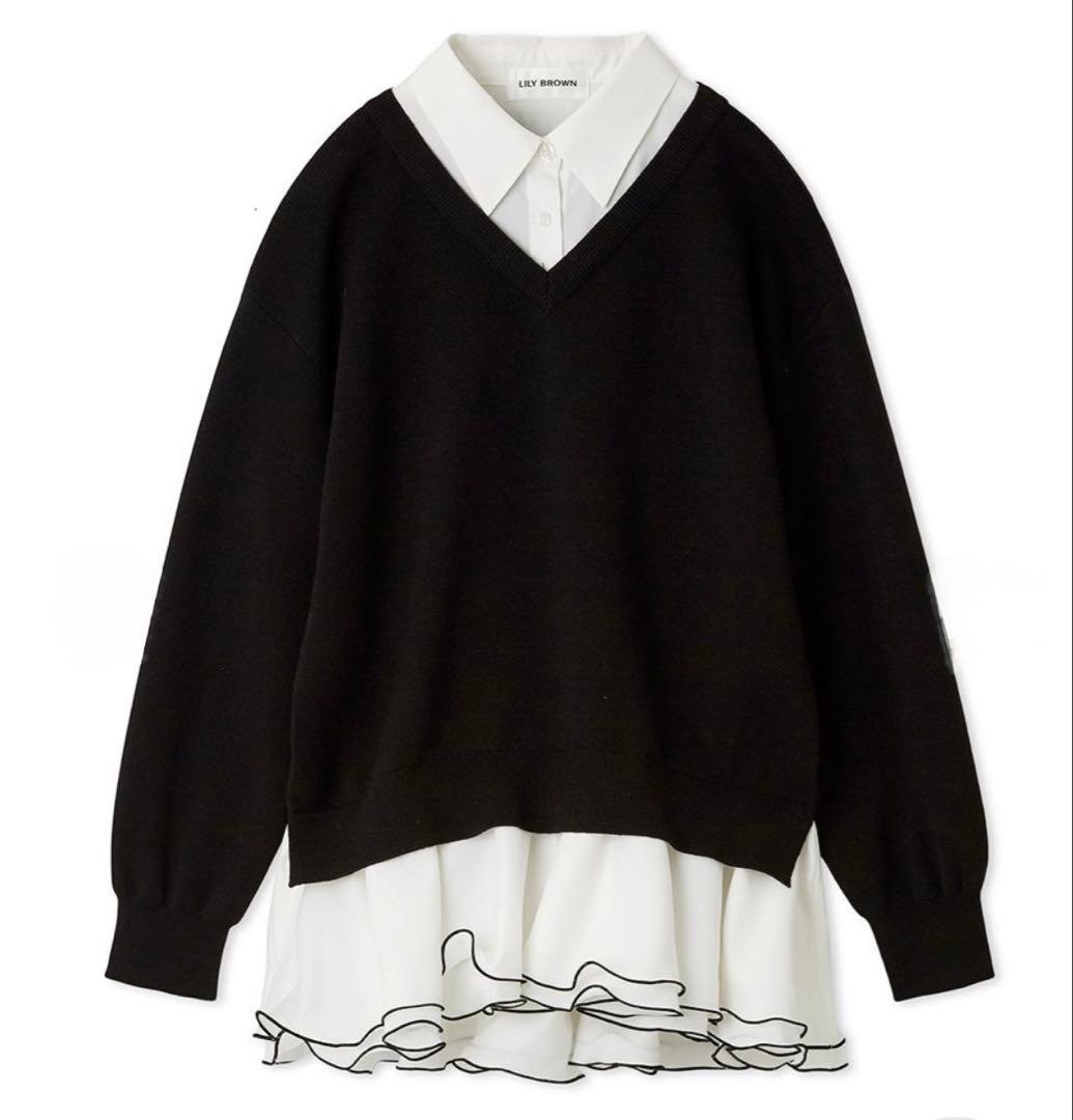 【新品】Lily Brown シャツドッキングフリルミニワンピース　BLK