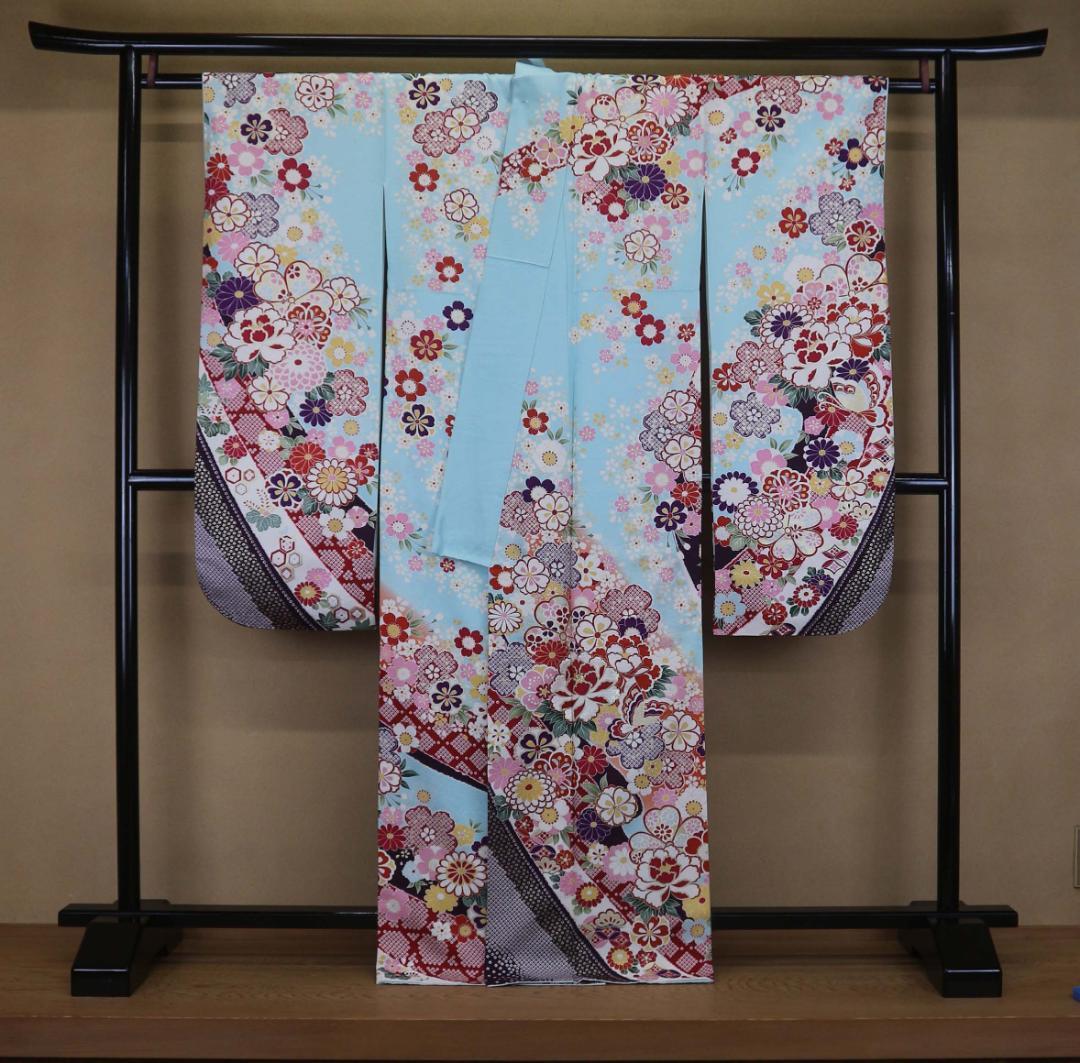 ブルー振袖（正絹）・六通袋帯（正絹）・長襦袢（合繊）三点セット 【美品】Sサイズ