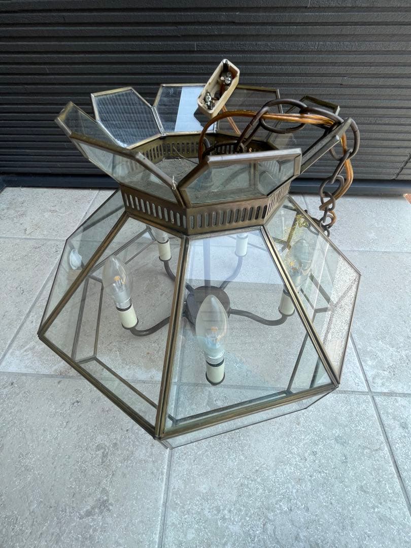 真鍮製　ガラス製　ペンダントライト　8角形　アンティーク　昭和