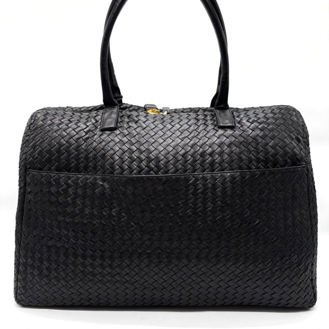 BOTTEGA VENETA トートバッグ 黒ボストン イントレチャート 大きい