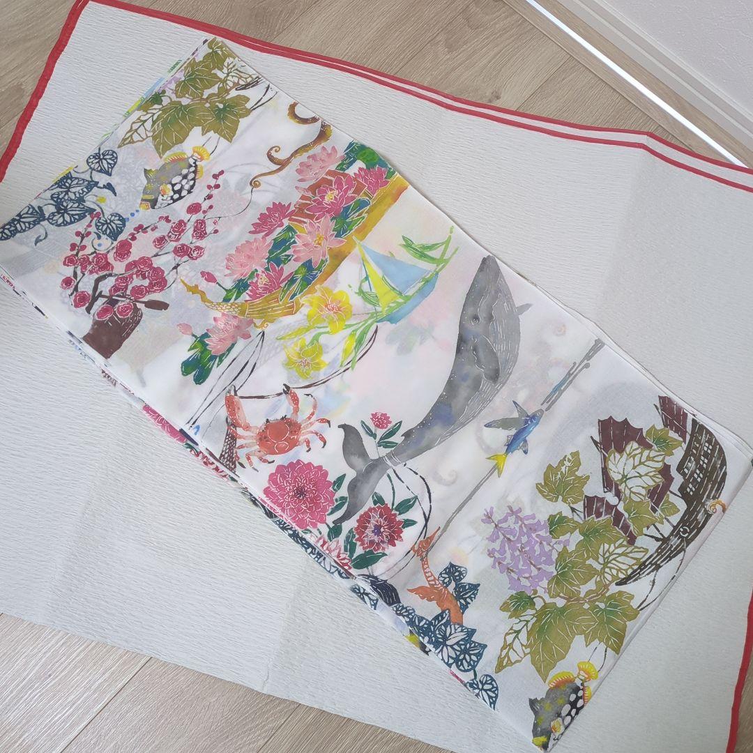 浴衣 反物 綿 海の生き物 型絵染