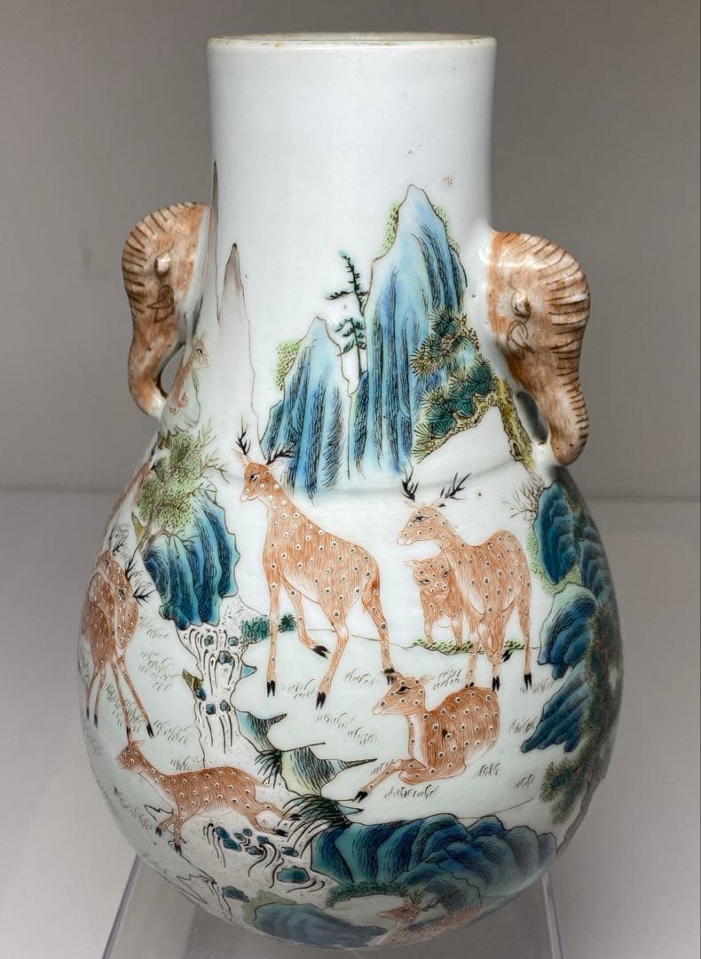 専用　中国清時代大清乾隆年製粉彩鹿の図花瓶　高さ21.3㎝東Y7-0314☆2F