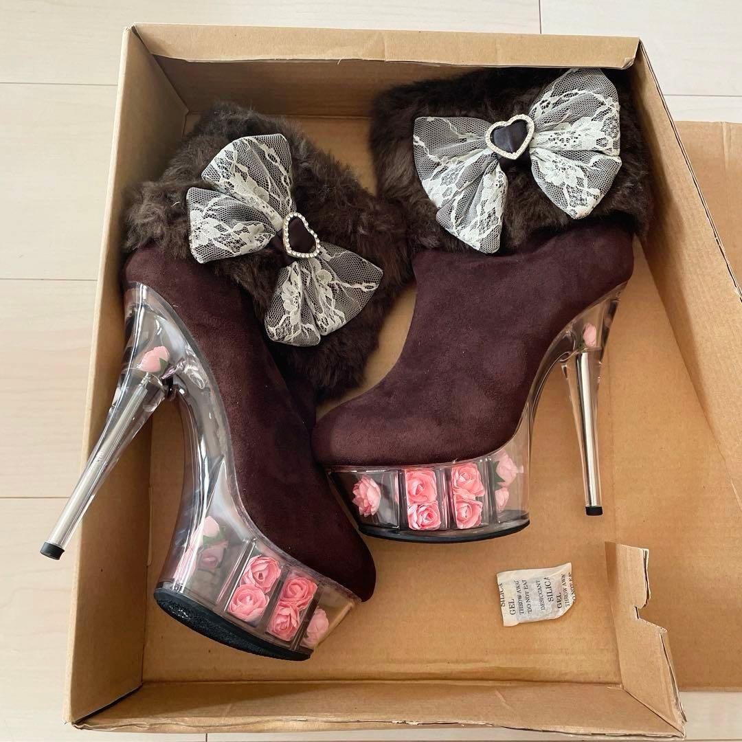 新品未使用　夢展望　ブラウン　ファー　リボン　ショートブーツ　靴　当時物