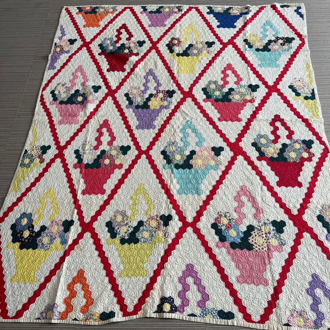 最終値下げアンティークキルト✴︎フラワーバスケットキルト