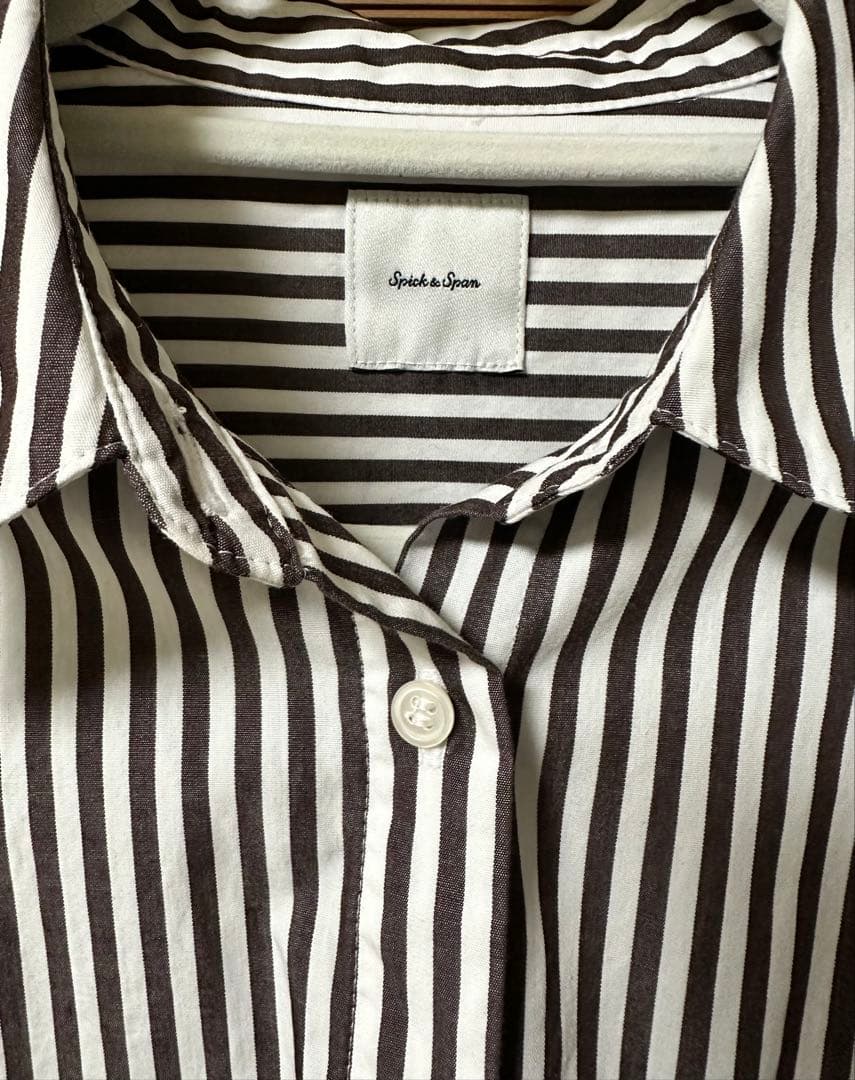 スピックアンドスパン 50コットンオーバーサイズシャツ ブラウン ストライプ