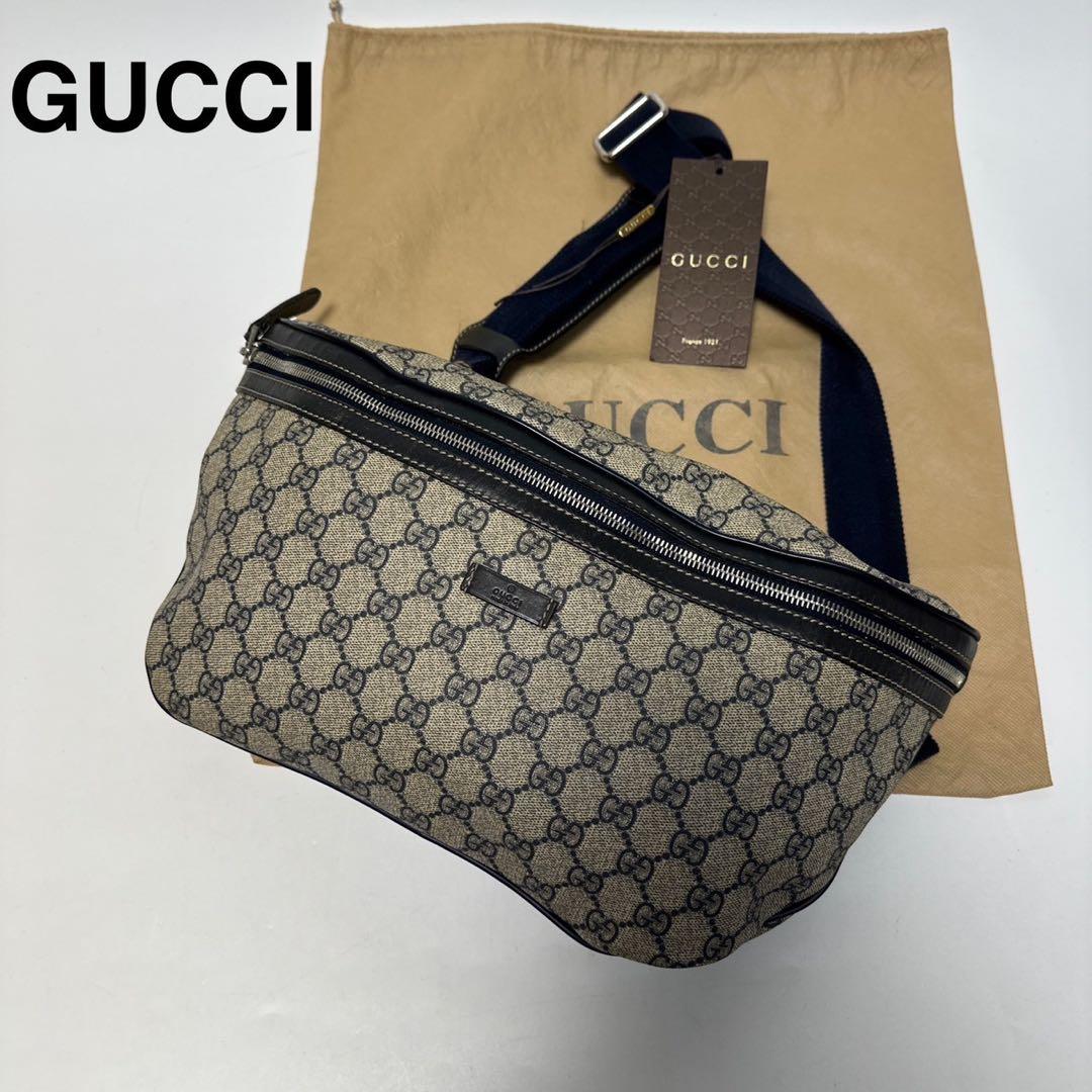 l49【極美品】グッチ　GGスプリーム レザー　ネイビーボディバッグショルダー.