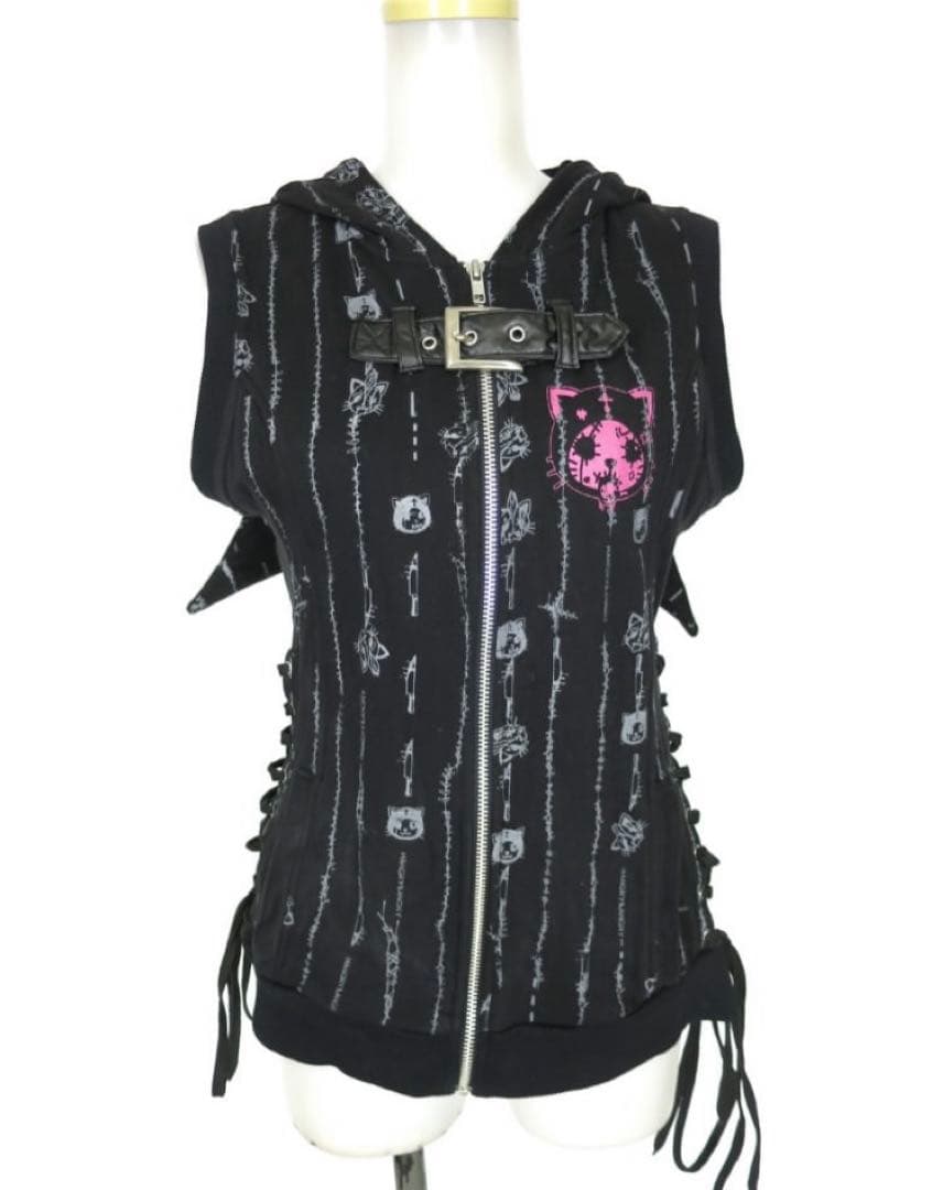 h.NAOTO HANGRY&ANGRY 悪魔耳ノースリーブパーカー　編み上げ