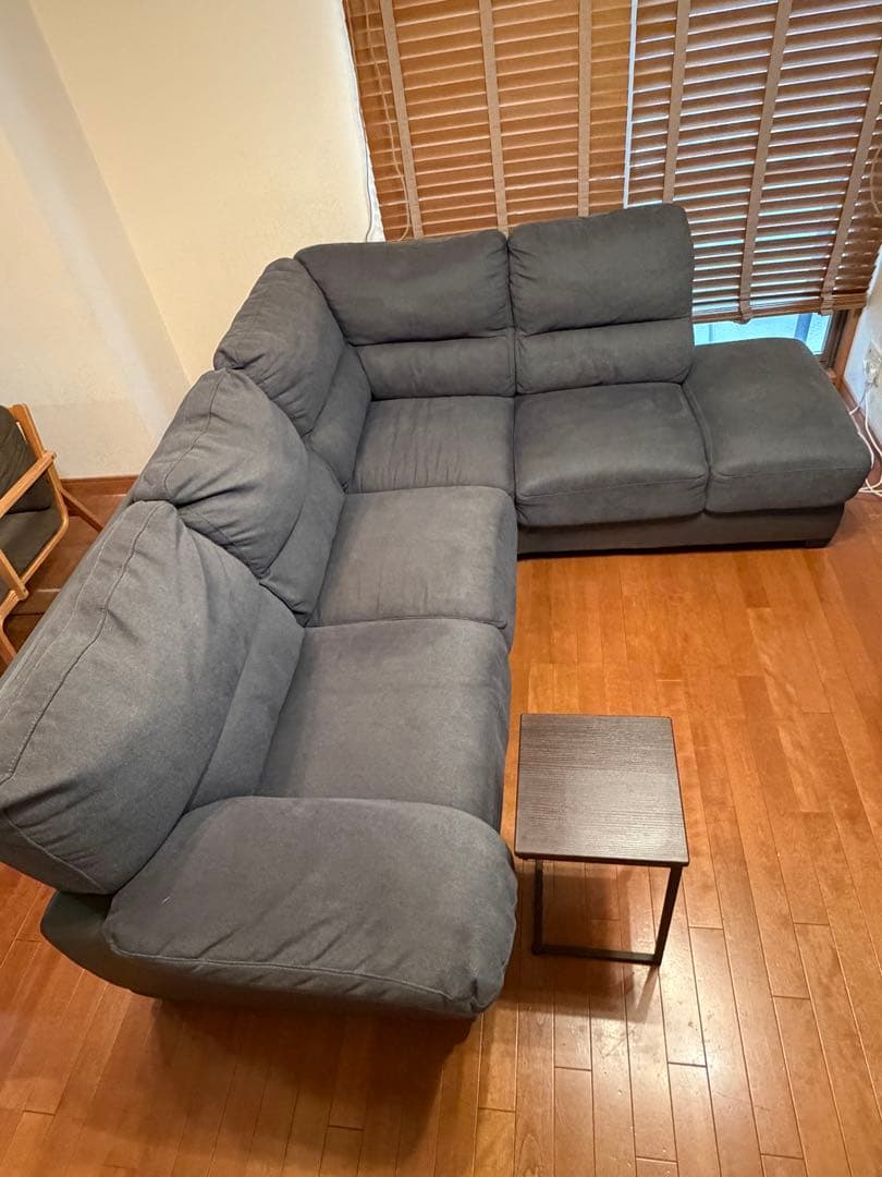 L字型ファブリックソファ サイドテーブル付き