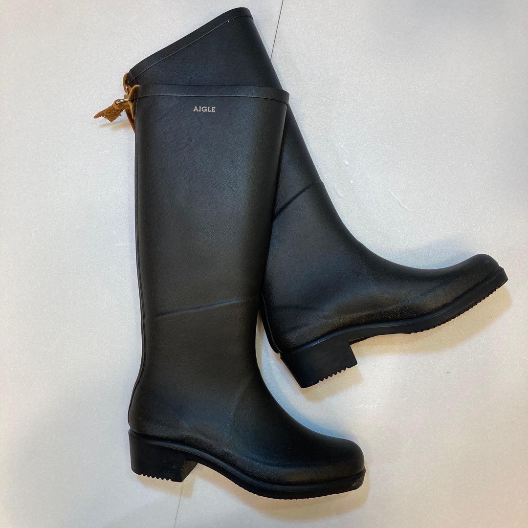 AIGLE ブラック長靴 レザー装飾付き