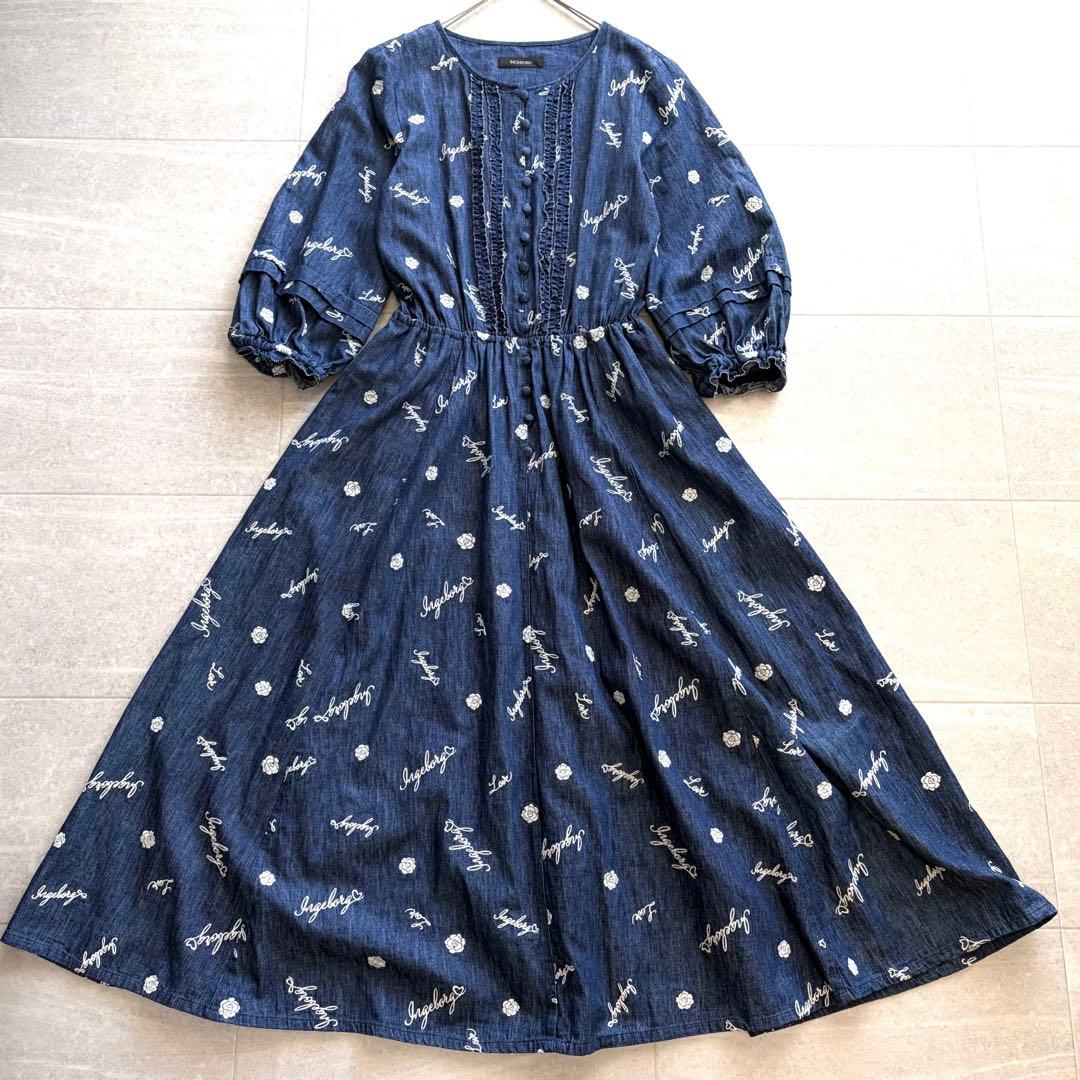 インゲボルグ ピンクハウス カメリア刺繍 ピコフリル デニムワンピース 花柄