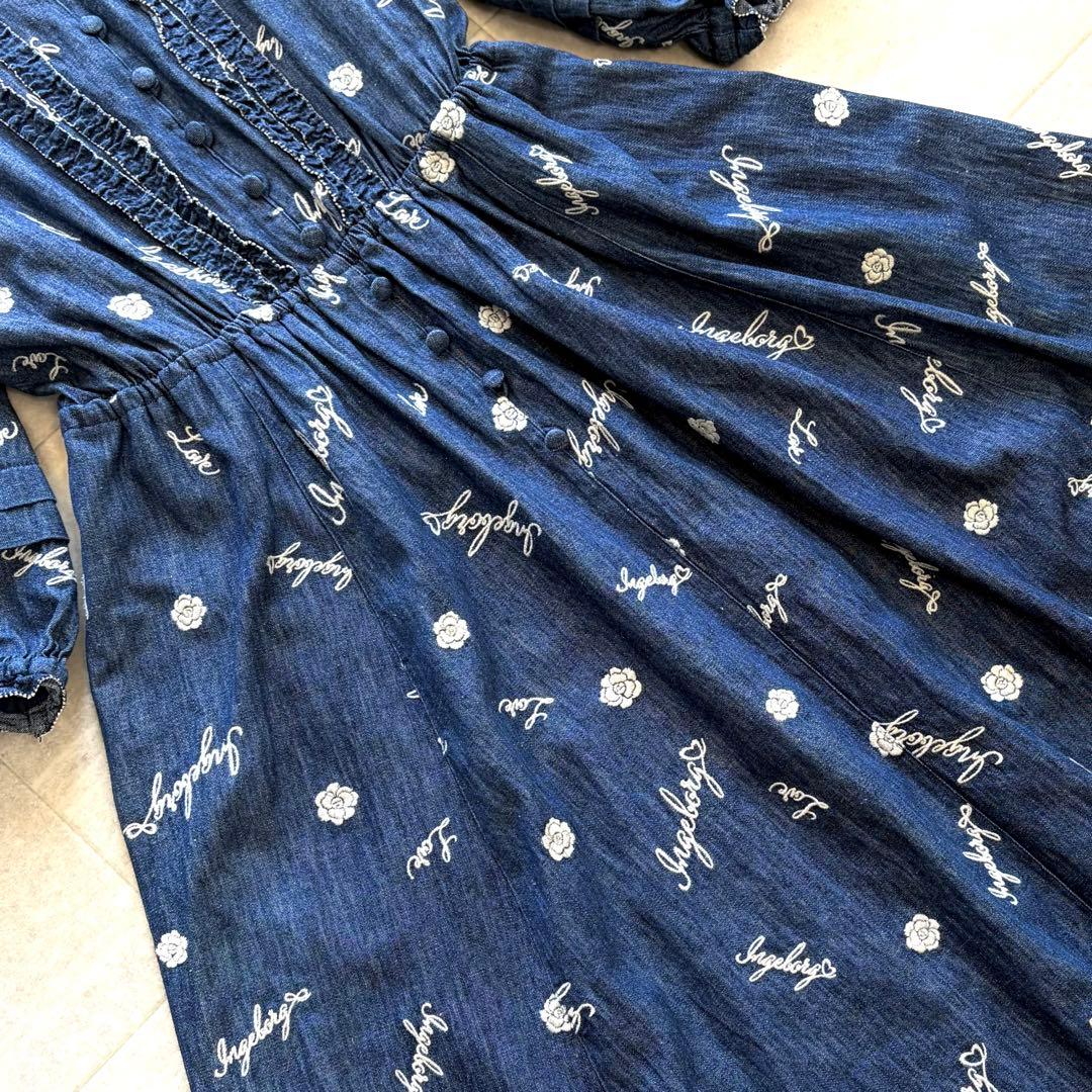 インゲボルグ ピンクハウス カメリア刺繍 ピコフリル デニムワンピース 花柄