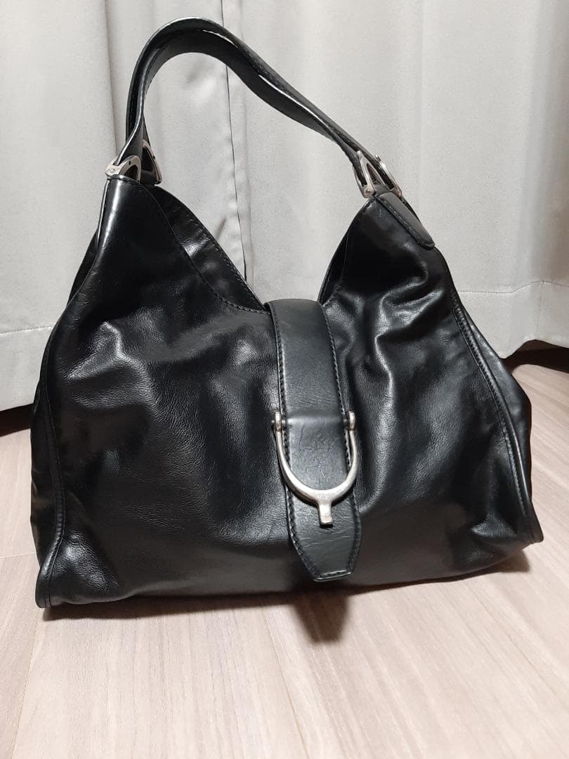 【未使用 カバー袋付】GUCCI グッチ ブラックレザー ハンドバッグ 黒革