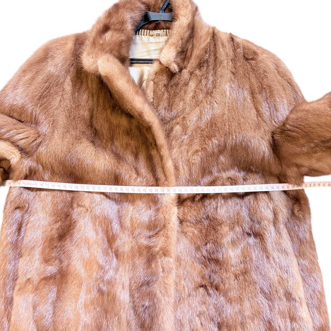 大きめ XL パステル ミンク ファー コート 花柄刺繍 女優襟 ブラウン