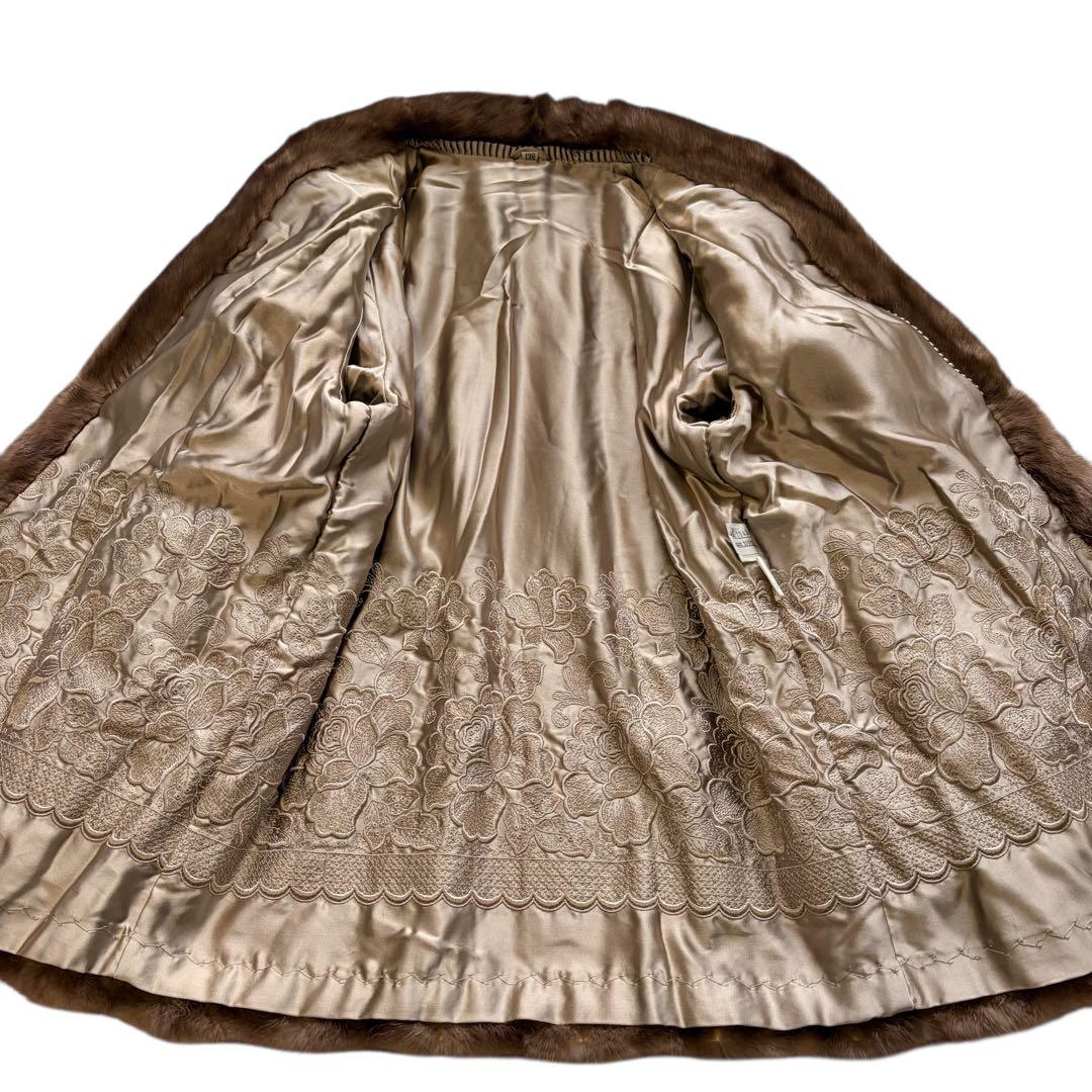 大きめ XL パステル ミンク ファー コート 花柄刺繍 女優襟 ブラウン