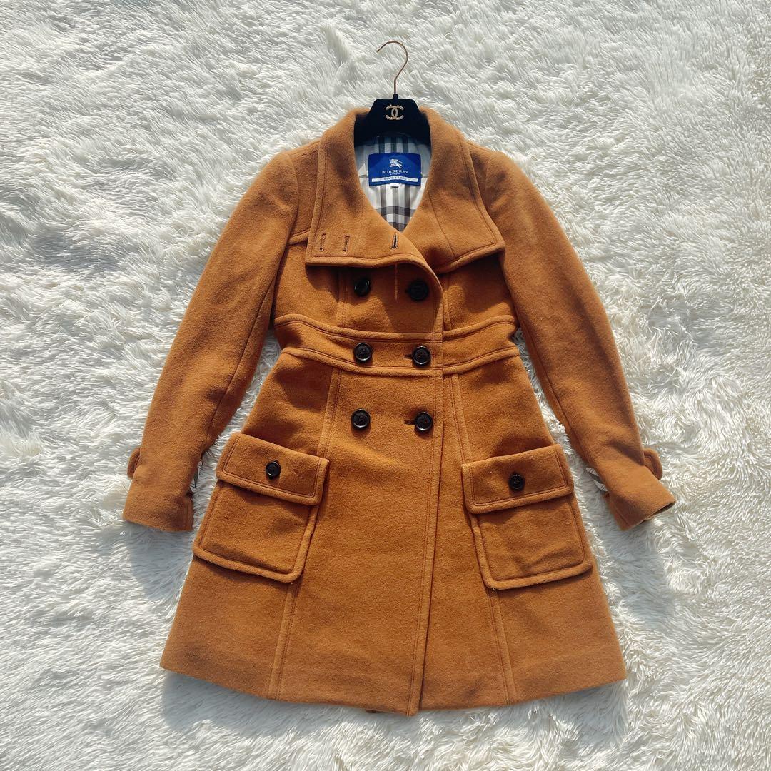 バーバリー ブルーレーベル ロングコート キャメル チェック裏地 ウール混 40