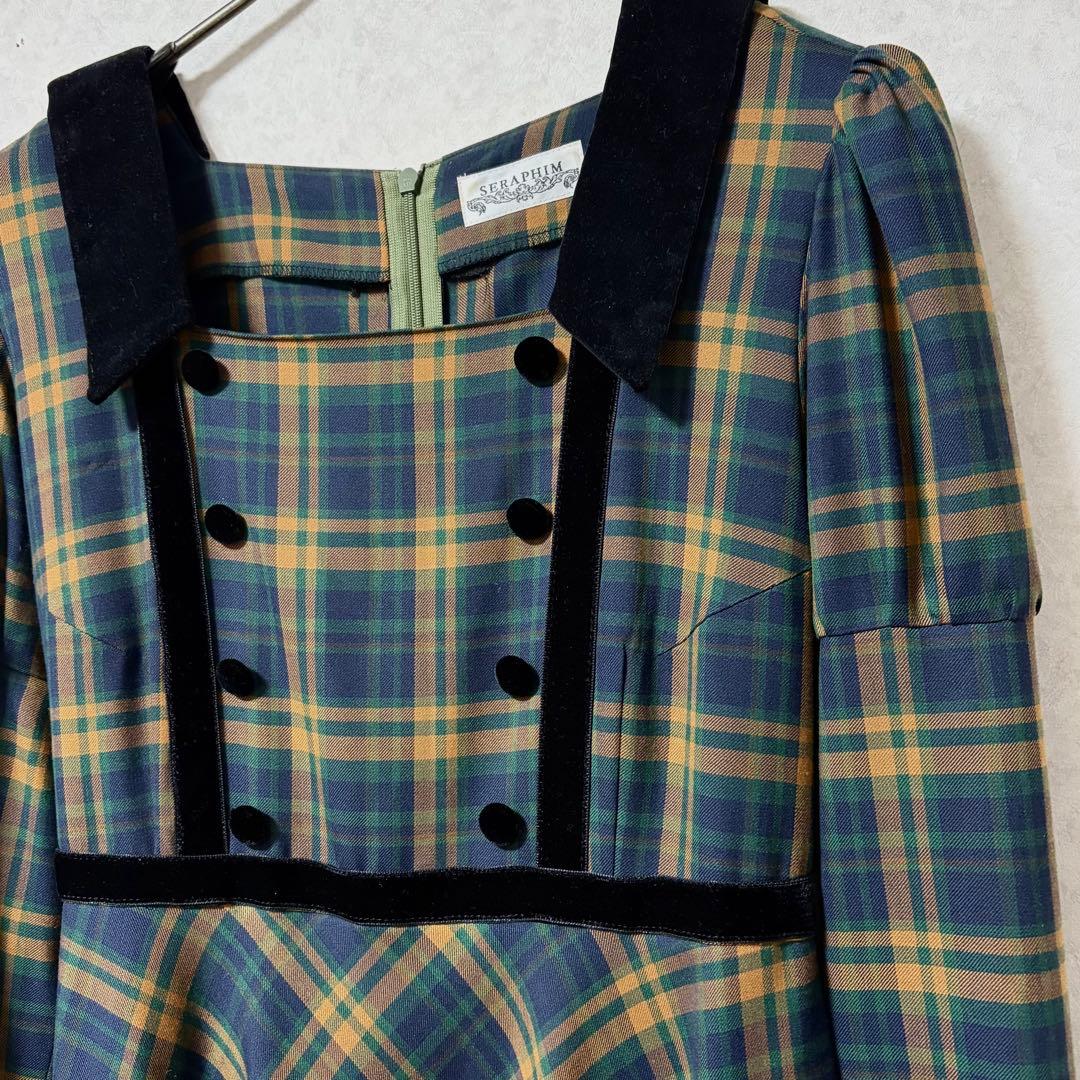 【美品】セラフィム＊ベルベット　グリーンチェックのワンピース