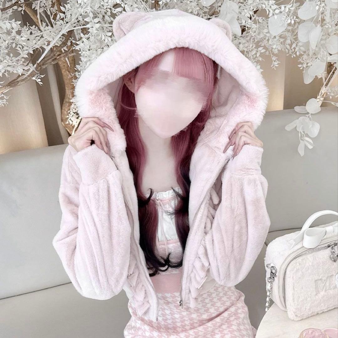 新品 ハニーミュウ ビジュー付き猫耳もこもこパーカー ピンク