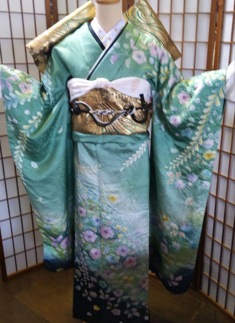 295【最終価格】翡翠色　金通し　落款辻ヶ花振袖6点フルセット成人式卒業式謝恩会