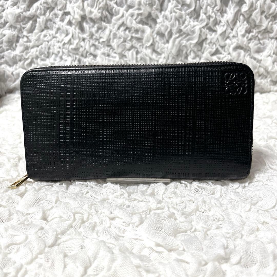 ロエベ　ラウンドファスナー　アナグラム　レザー　長財布 エンボス加工　レザー　黒