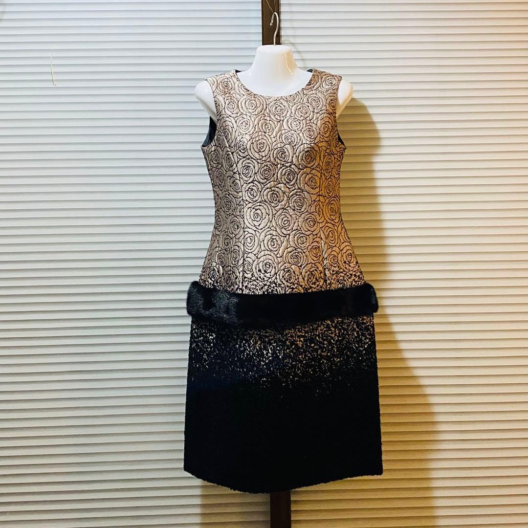 イタリー製　ツィード　ワンピース　パーティードレス　ミンク付き