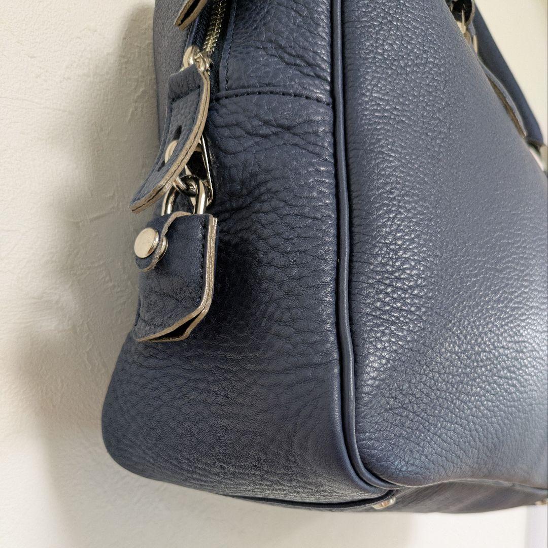 madam H マダムエイチ本革レザー ボストンバッグ ネイビー青系 シボ革