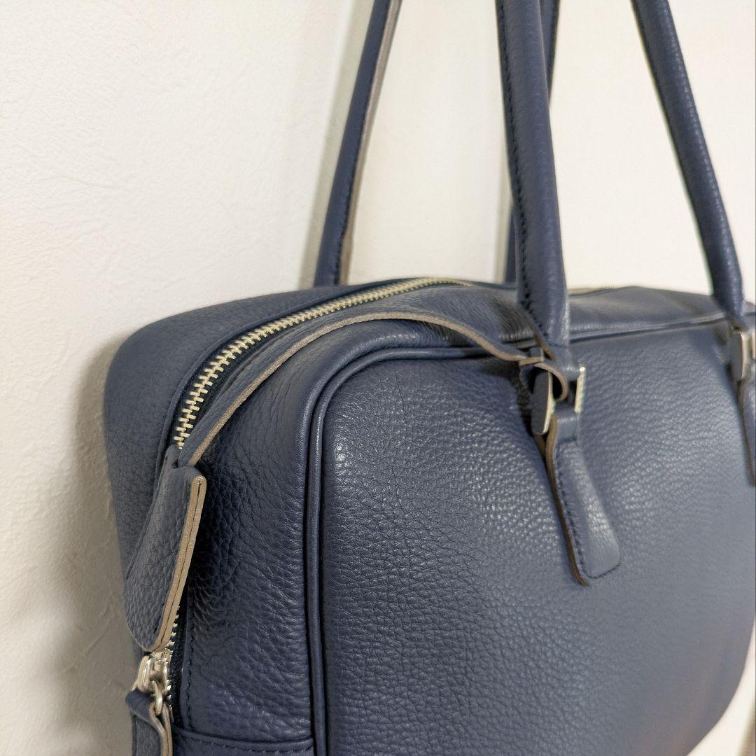 madam H マダムエイチ本革レザー ボストンバッグ ネイビー青系 シボ革