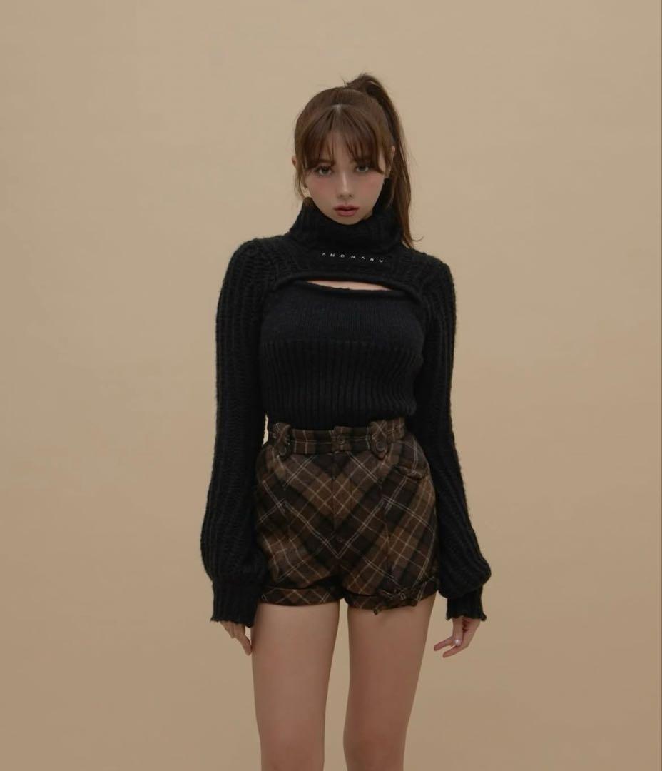 ANDMARY リボンチェックミニパンツ ブラウン