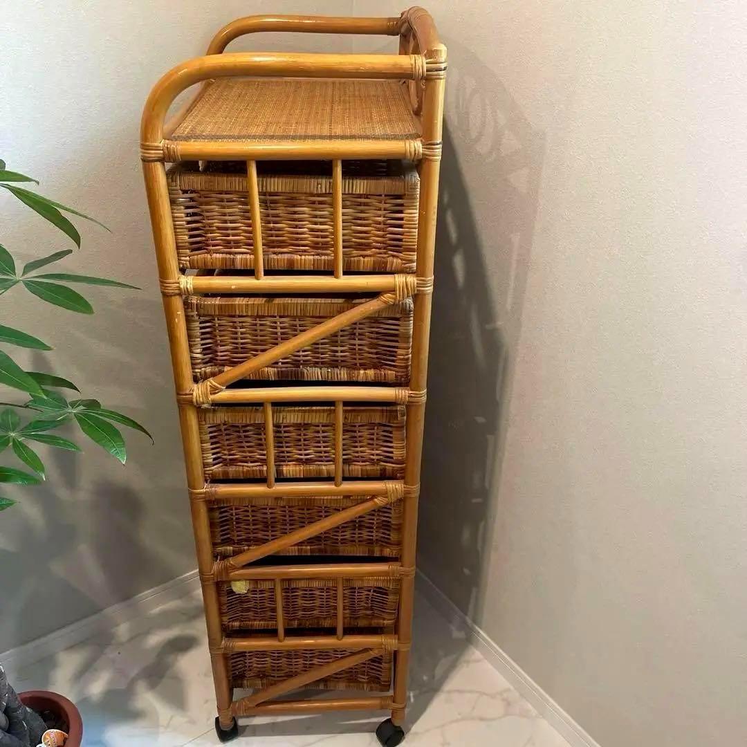 l*い様 カザマ　ラタン　籐　6杯チェスト　引き出し　収納　昭和レトロ　キャスタ